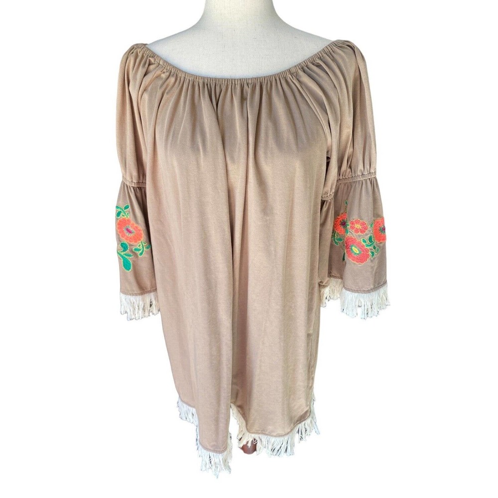 Peasant Top Tunic Mexican Off Shoulder Embroidered Floral Large Bell Sleeve Boho
